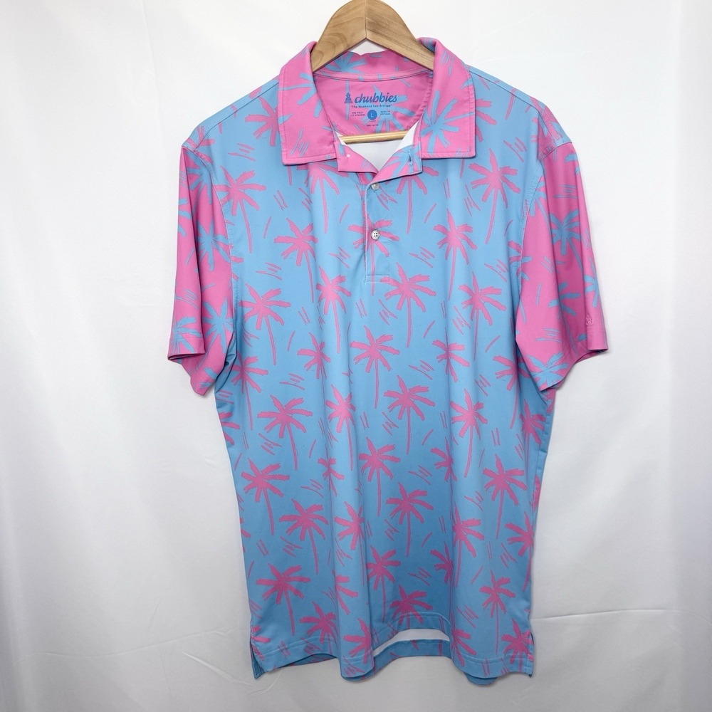 Chubbies Performance Polo Shirt L Electric Slide‎ Pink Blue Palms Retro Resort
